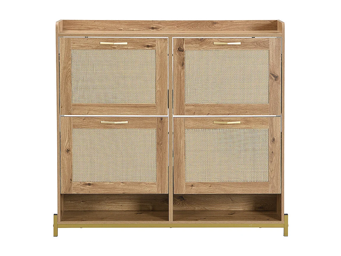 Meuble à chaussures en bois avec portes en rotin 4 portes cadre métallique et étagère supérieure pour un rangement élégant et clair naturel