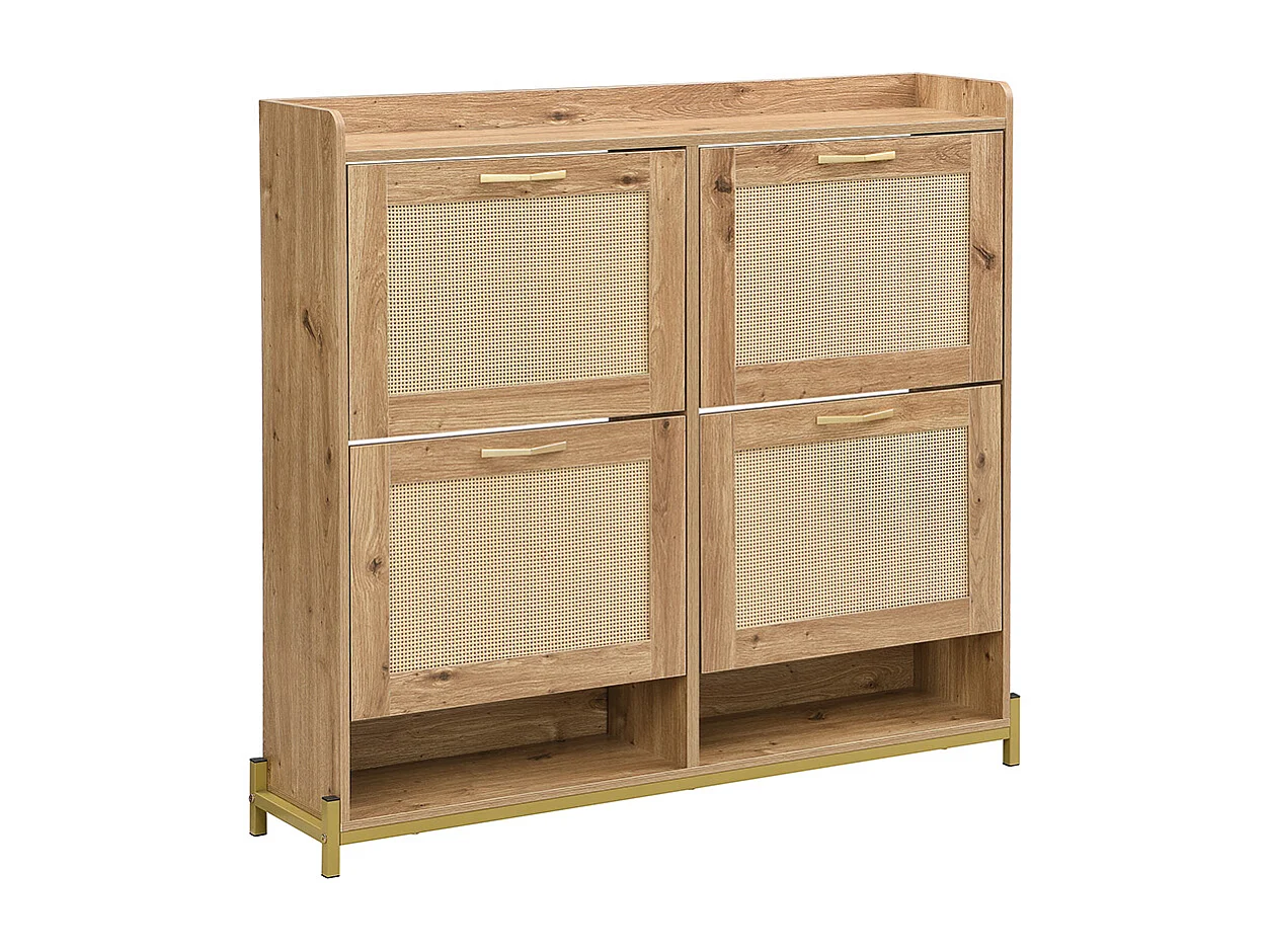 Meuble à chaussures en bois avec portes en rotin 4 portes cadre métallique et étagère supérieure pour un rangement élégant et clair naturel