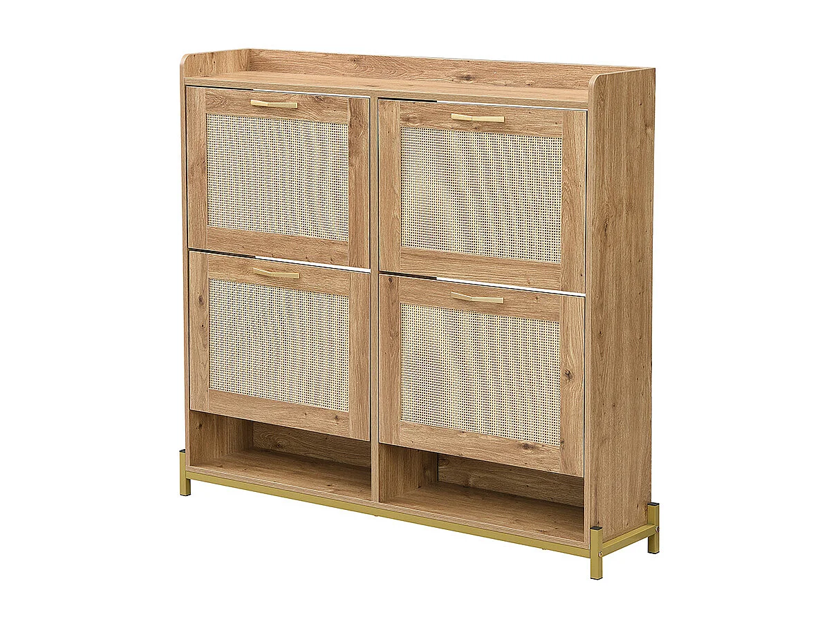 Meuble à chaussures en bois avec portes en rotin 4 portes cadre métallique et étagère supérieure pour un rangement élégant et clair naturel