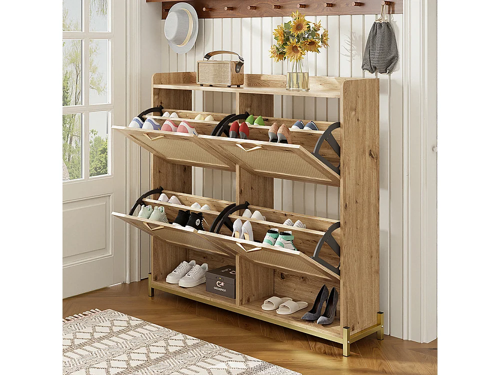Meuble à chaussures en bois avec portes en rotin 4 portes cadre métallique et étagère supérieure pour un rangement élégant et clair naturel