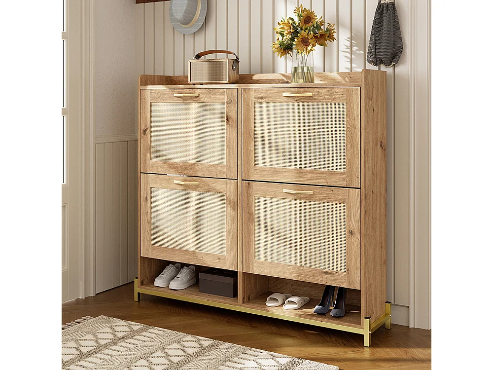 Meuble à chaussures en bois avec portes en rotin 4 portes cadre métallique et étagère supérieure pour un rangement élégant et clair naturel