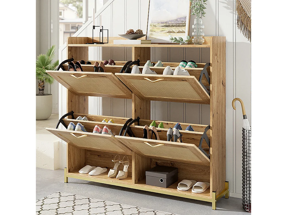Meuble à chaussures en bois avec portes en rotin 4 portes cadre métallique et étagère supérieure pour un rangement élégant et clair naturel