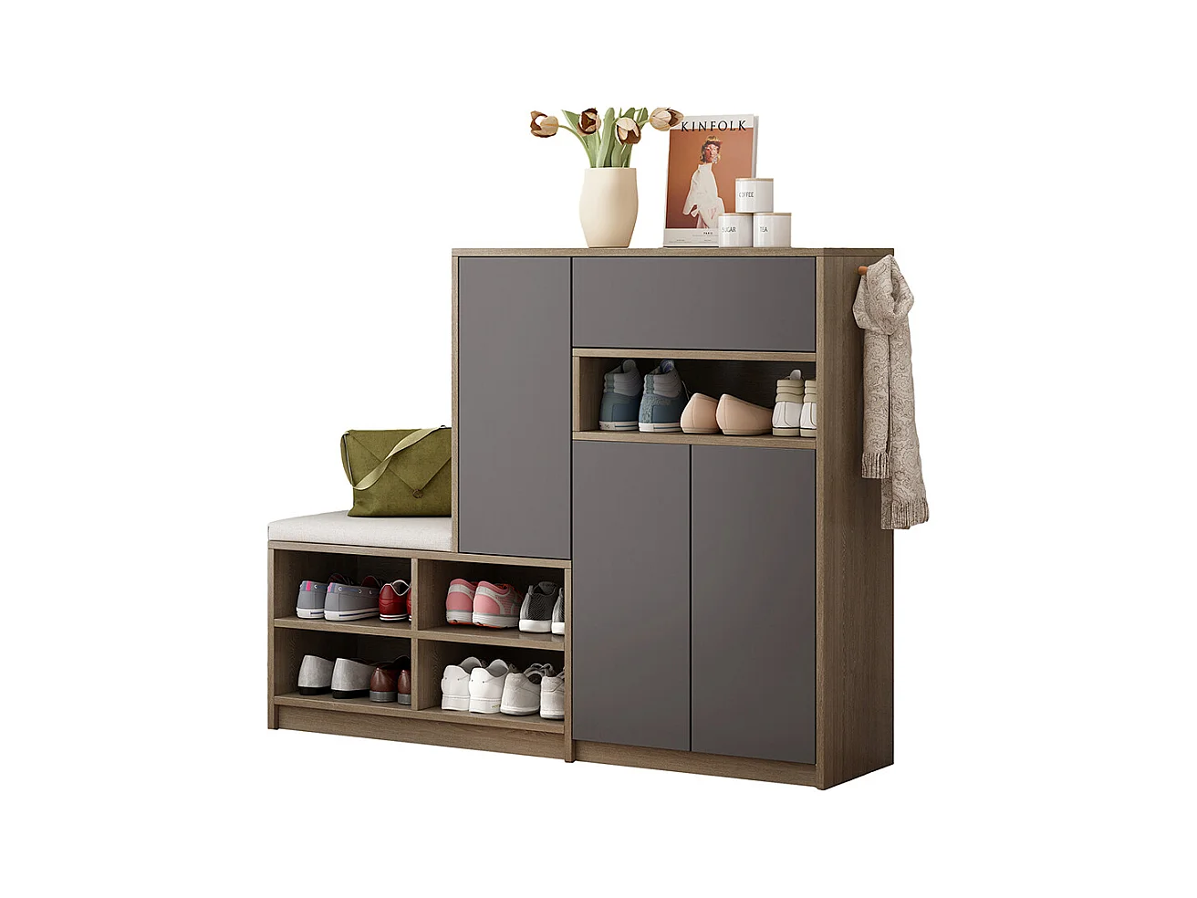 Meuble à chaussures gris banc rangement armoire à chaussures multifonctionnelle assise rembourrée étagères réglables couloir