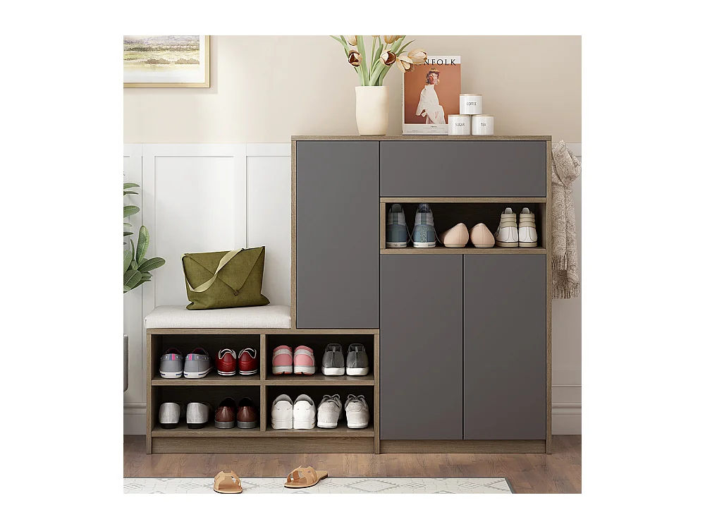 Meuble à chaussures gris banc rangement armoire à chaussures multifonctionnelle assise rembourrée étagères réglables couloir