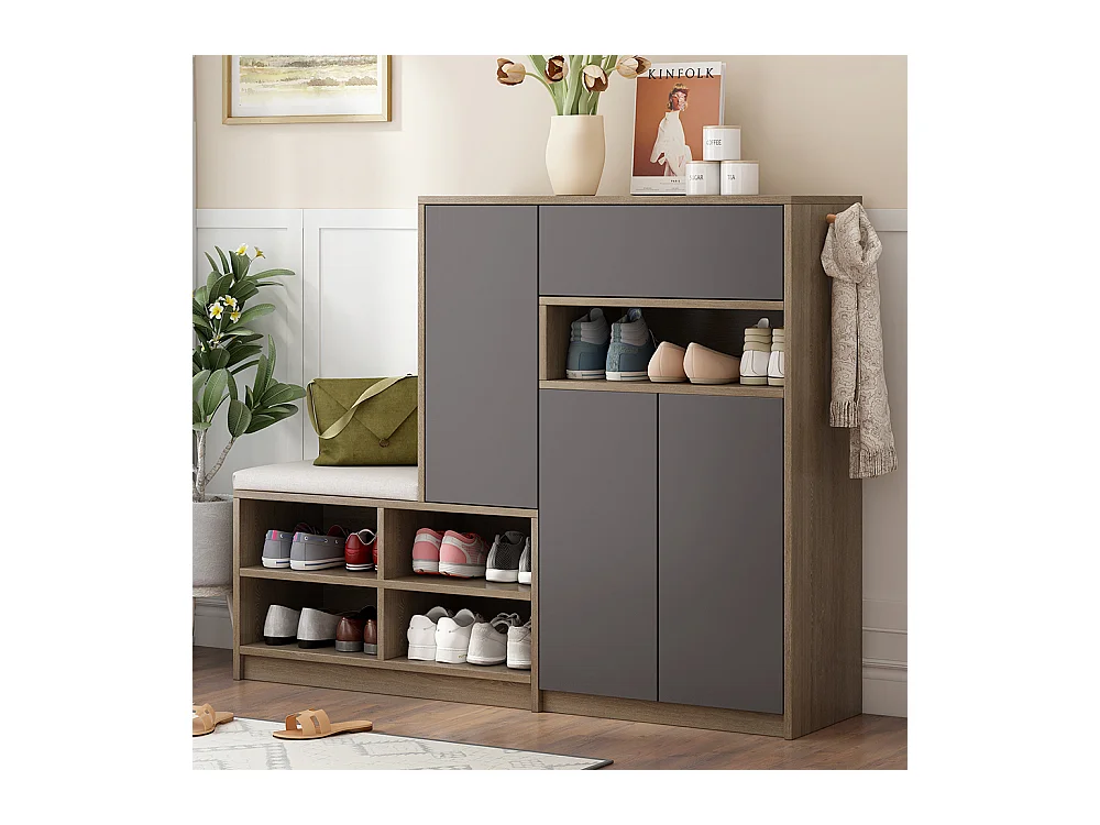 Meuble à chaussures gris banc rangement armoire à chaussures multifonctionnelle assise rembourrée étagères réglables couloir