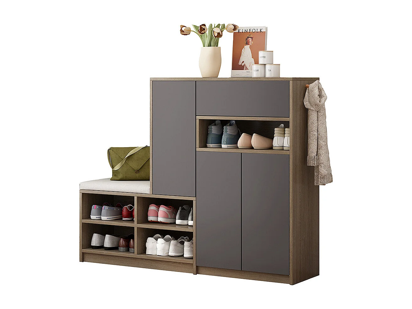 Meuble à chaussures gris banc rangement armoire à chaussures multifonctionnelle assise rembourrée étagères réglables couloir