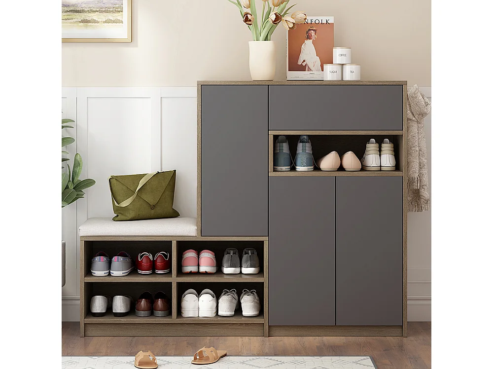 Meuble à chaussures gris banc rangement armoire à chaussures multifonctionnelle assise rembourrée étagères réglables couloir