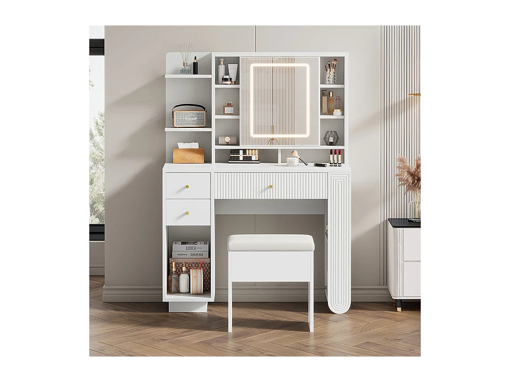 Coiffeuse blanc éclairée miroir tabouret luminosité réglable tiroirs rangement ouvert