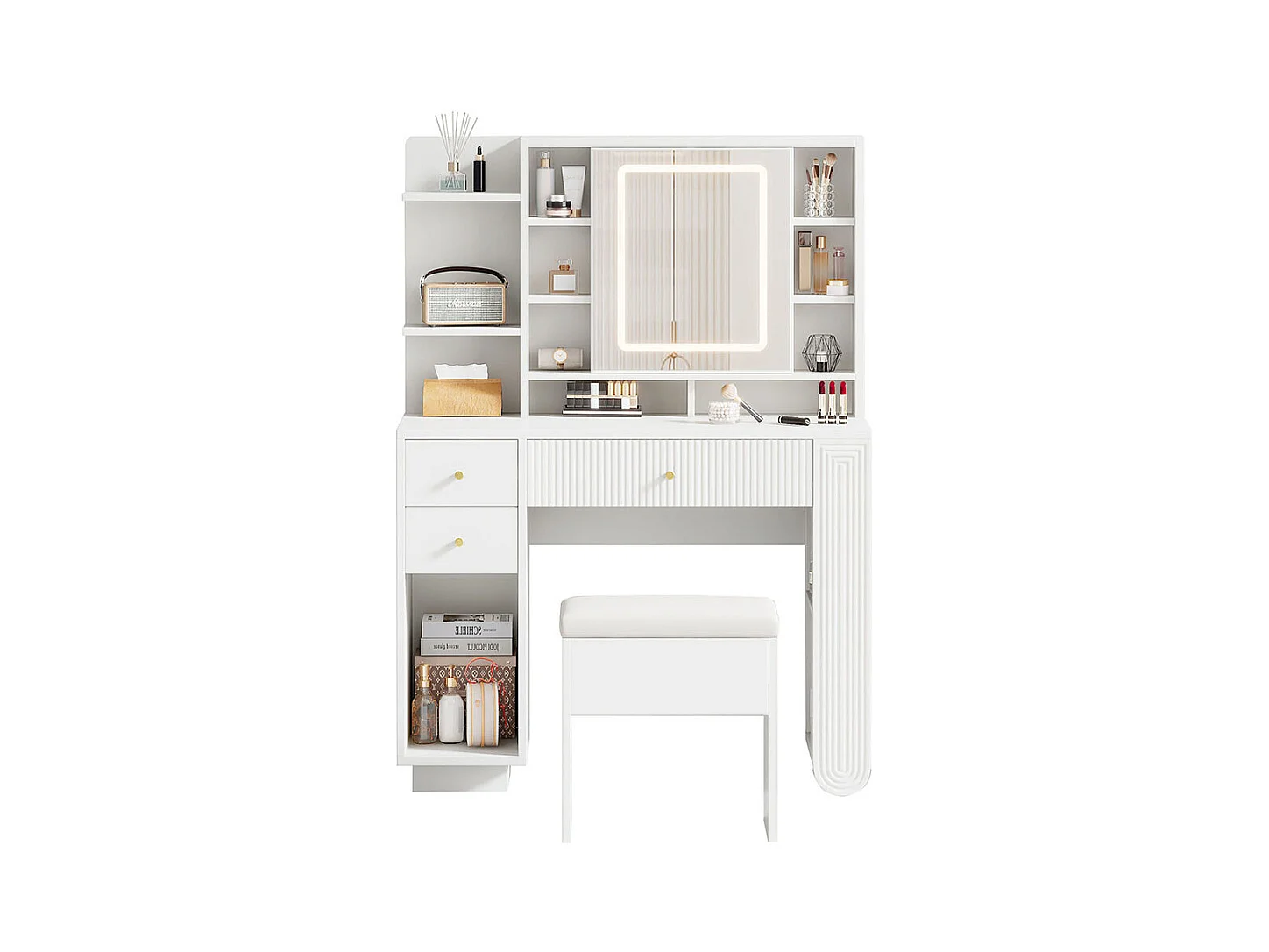 Coiffeuse blanc éclairée miroir tabouret luminosité réglable tiroirs rangement ouvert