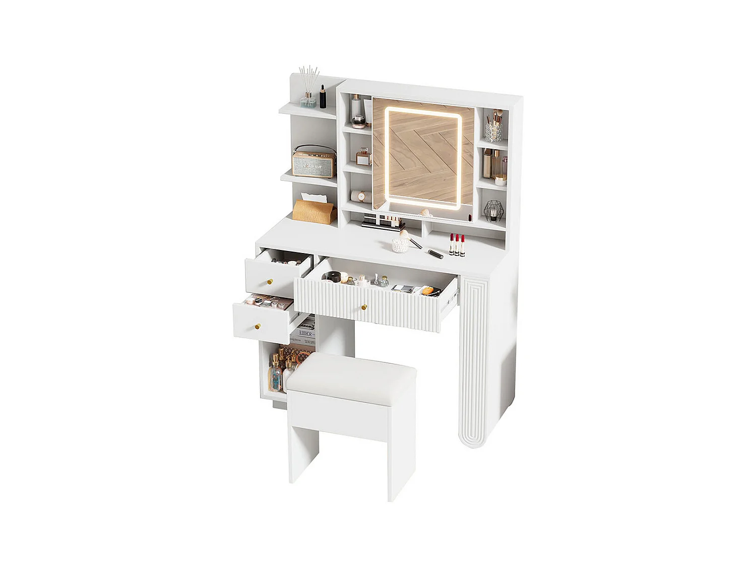 Coiffeuse blanc éclairée miroir tabouret luminosité réglable tiroirs rangement ouvert