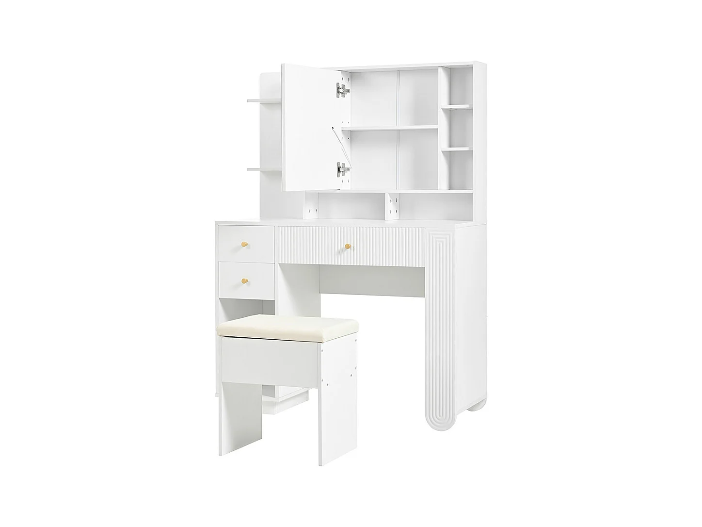 Coiffeuse blanc éclairée miroir tabouret luminosité réglable tiroirs rangement ouvert