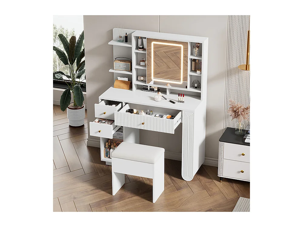 Coiffeuse blanc éclairée miroir tabouret luminosité réglable tiroirs rangement ouvert