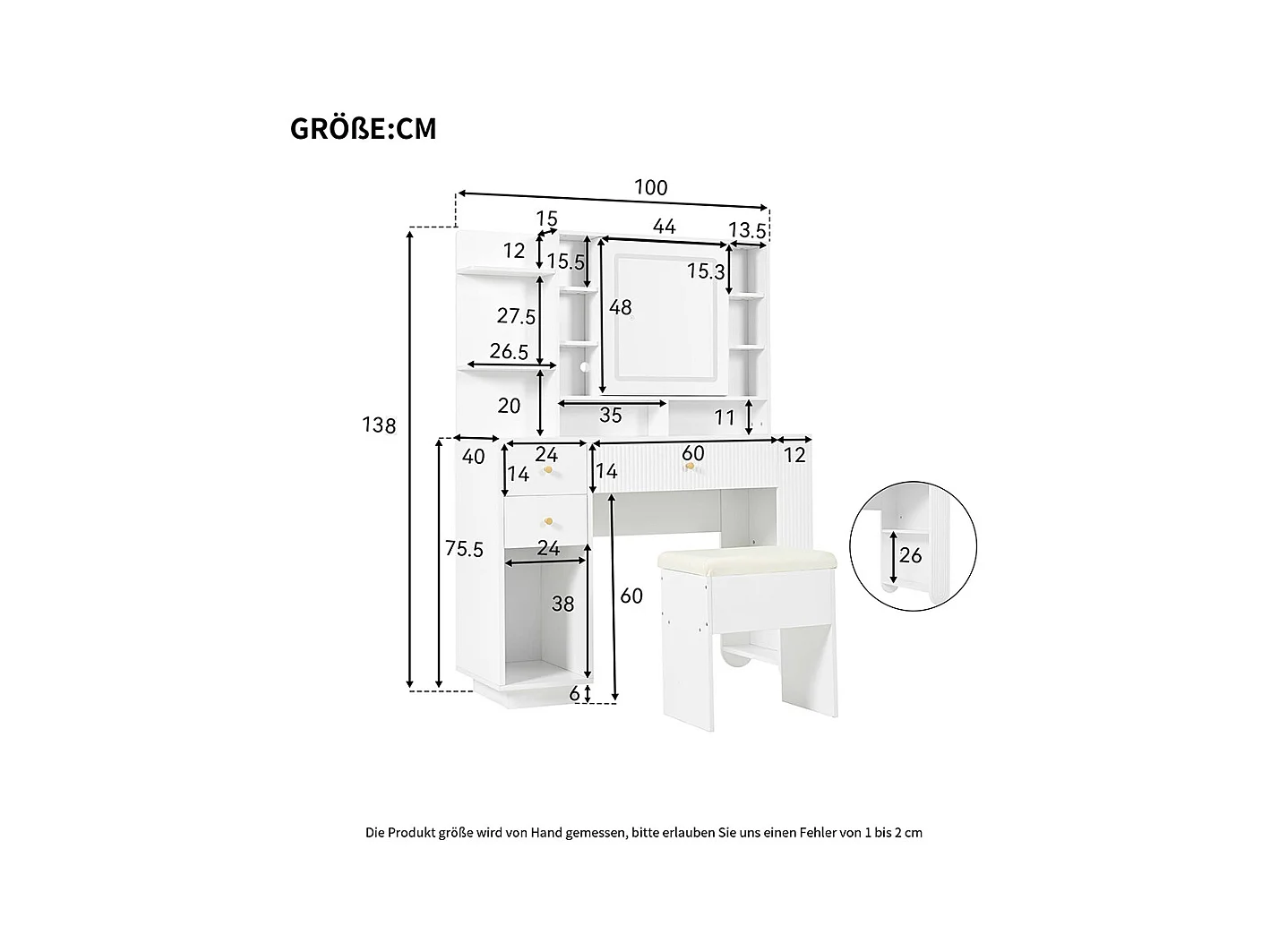 Coiffeuse blanc éclairée miroir tabouret luminosité réglable tiroirs rangement ouvert