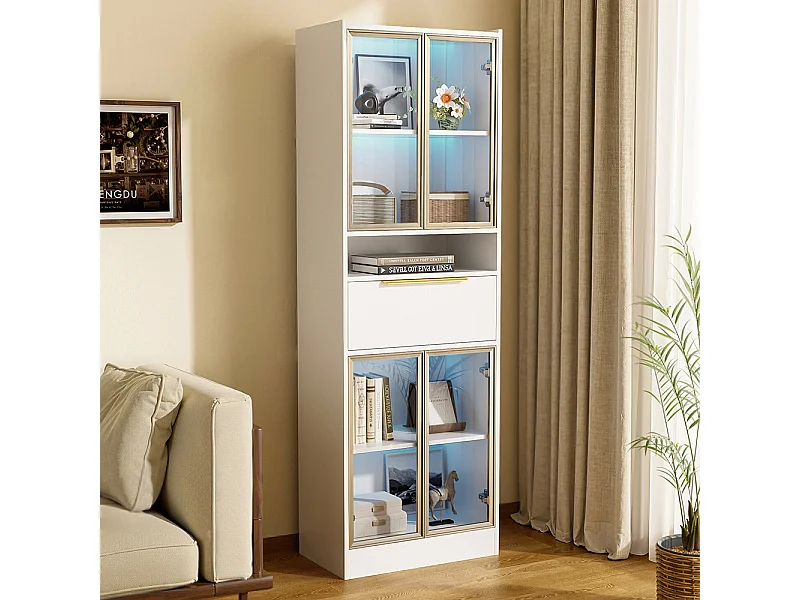 Vitrine moderne blanc avec LED 16 couleurs et bluetooth avec façade en verre et tiroir espace de rangement et éclairage MDF et verre de sécurité