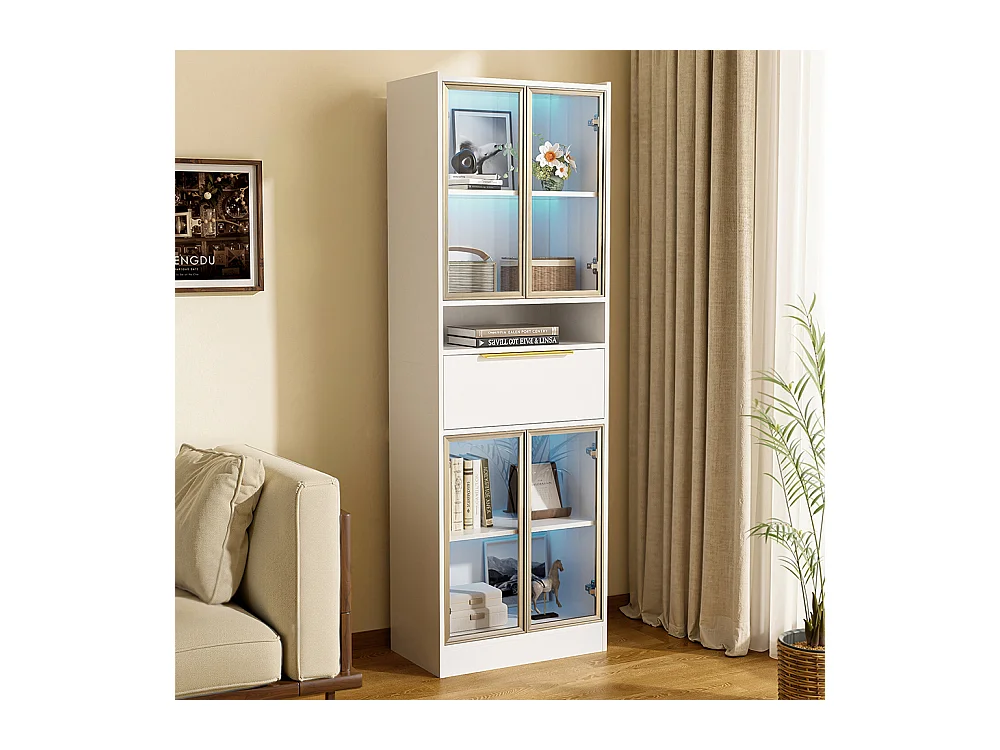 Vitrine moderne blanc avec LED 16 couleurs et bluetooth avec façade en verre et tiroir espace de rangement et éclairage MDF et verre de sécurité