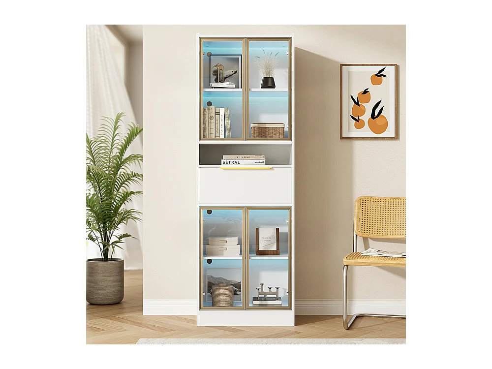 Vitrine moderne blanc avec LED 16 couleurs et bluetooth avec façade en verre et tiroir espace de rangement et éclairage MDF et verre de sécurité