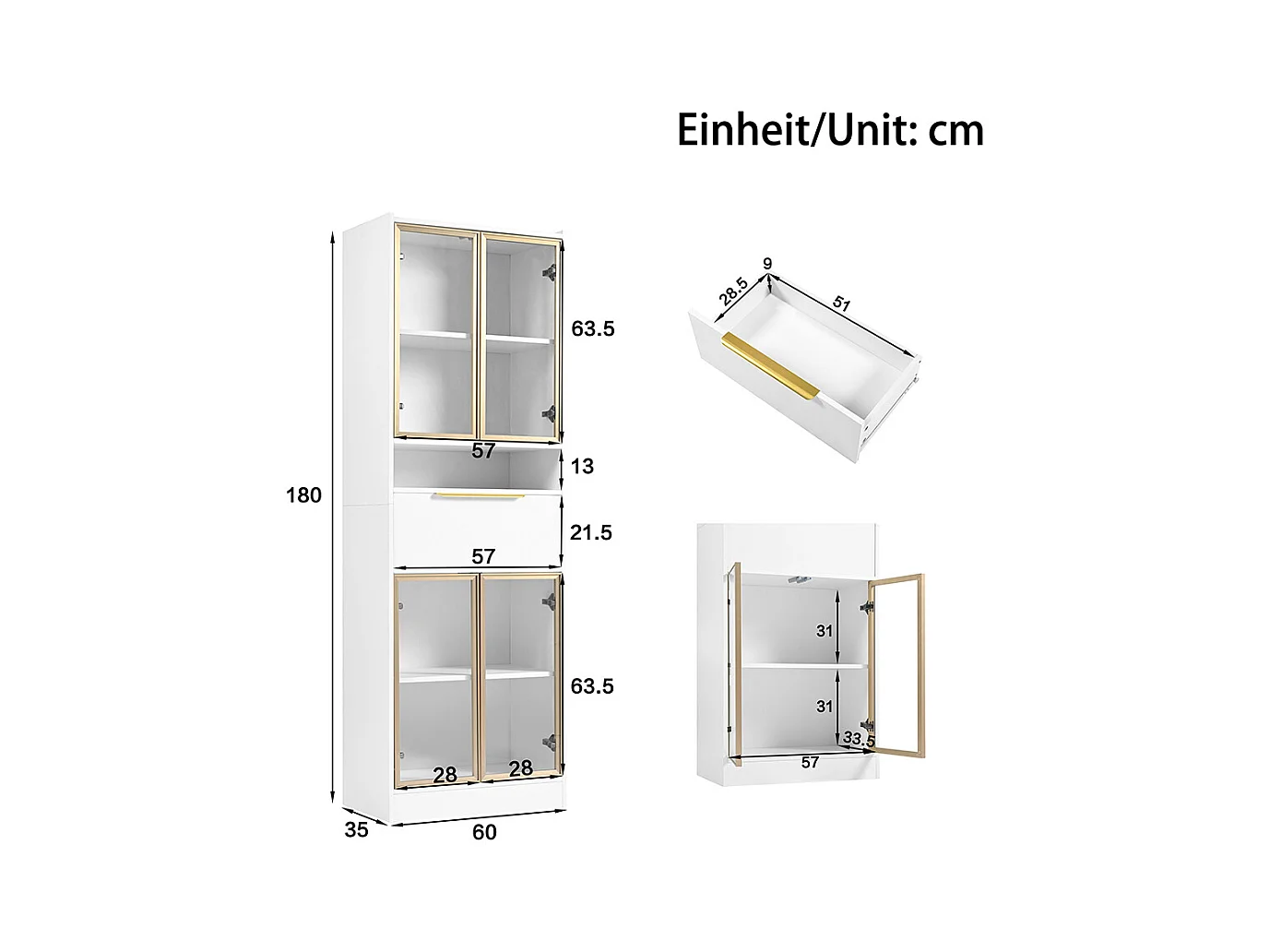 Vitrine moderne blanc avec LED 16 couleurs et bluetooth avec façade en verre et tiroir espace de rangement et éclairage MDF et verre de sécurité