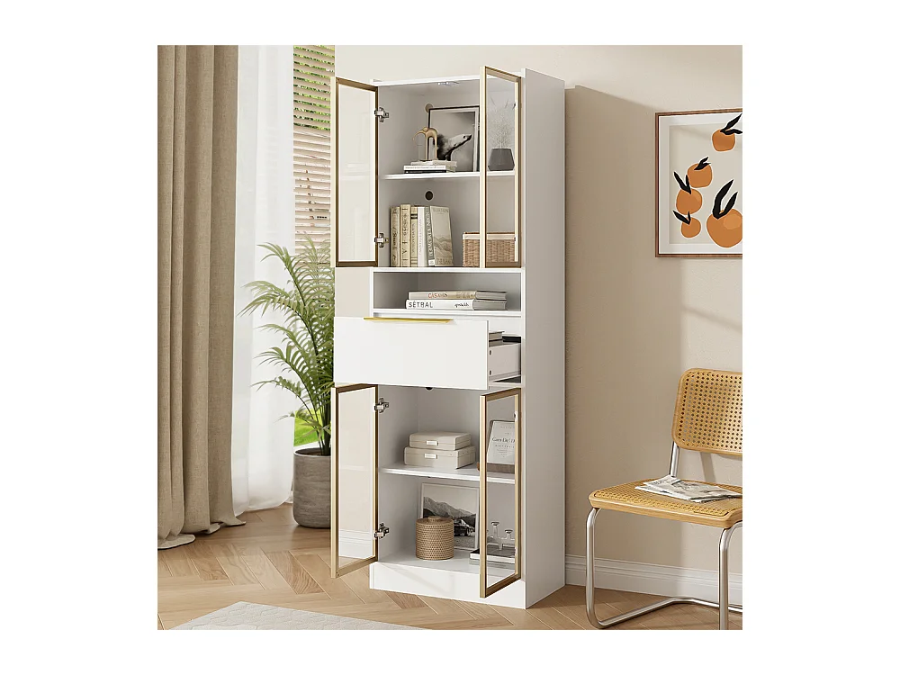 Vitrine moderne blanc avec LED 16 couleurs et bluetooth avec façade en verre et tiroir espace de rangement et éclairage MDF et verre de sécurité