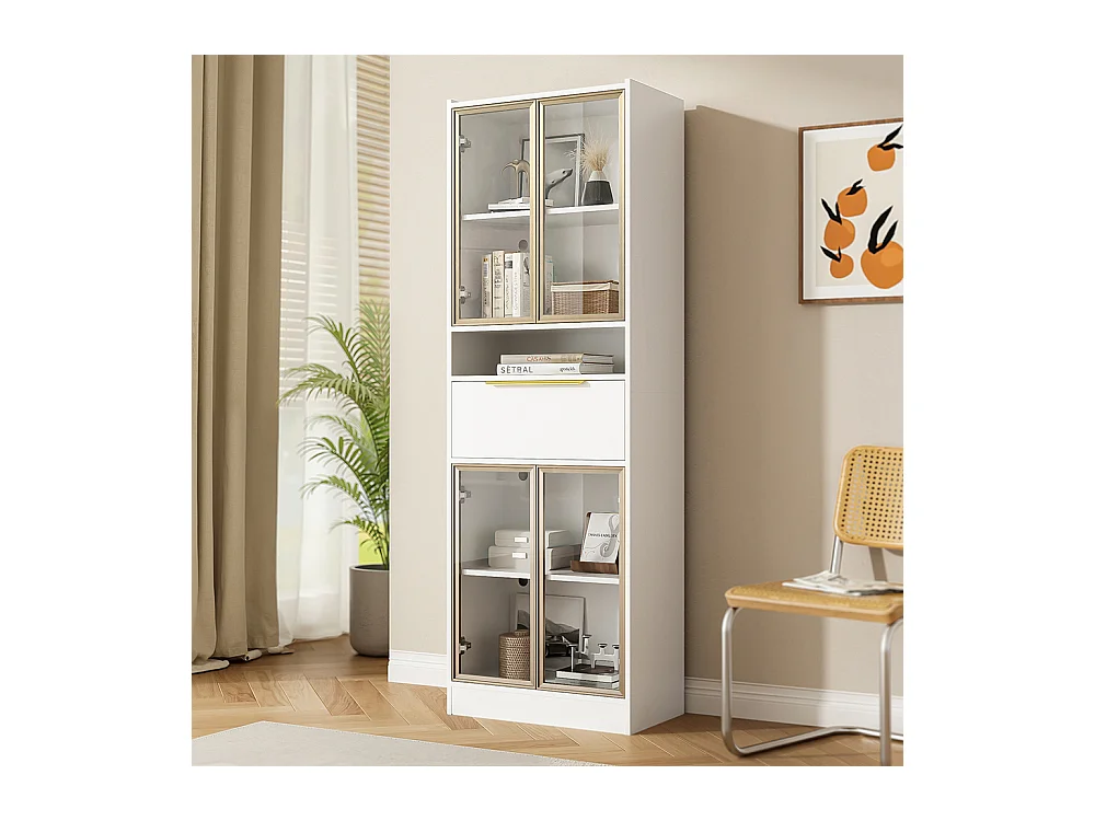 Vitrine moderne blanc avec LED 16 couleurs et bluetooth avec façade en verre et tiroir espace de rangement et éclairage MDF et verre de sécurité