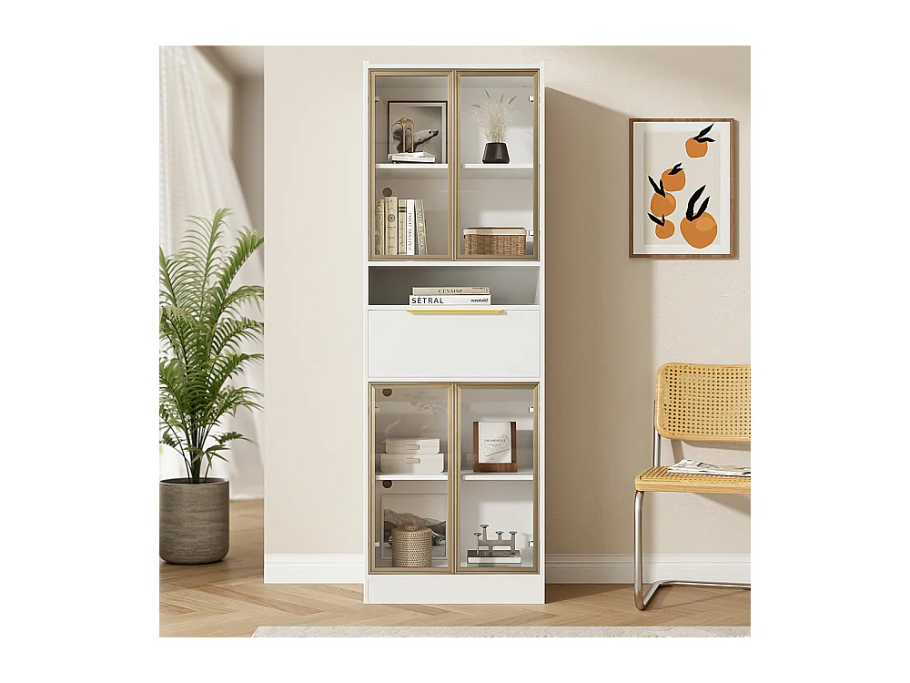 Vitrine moderne blanc avec LED 16 couleurs et bluetooth avec façade en verre et tiroir espace de rangement et éclairage MDF et verre de sécurité