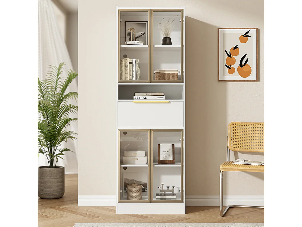 Vitrine moderne blanc avec LED 16 couleurs et bluetooth avec façade en verre et tiroir espace de rangement et éclairage MDF et verre de sécurité