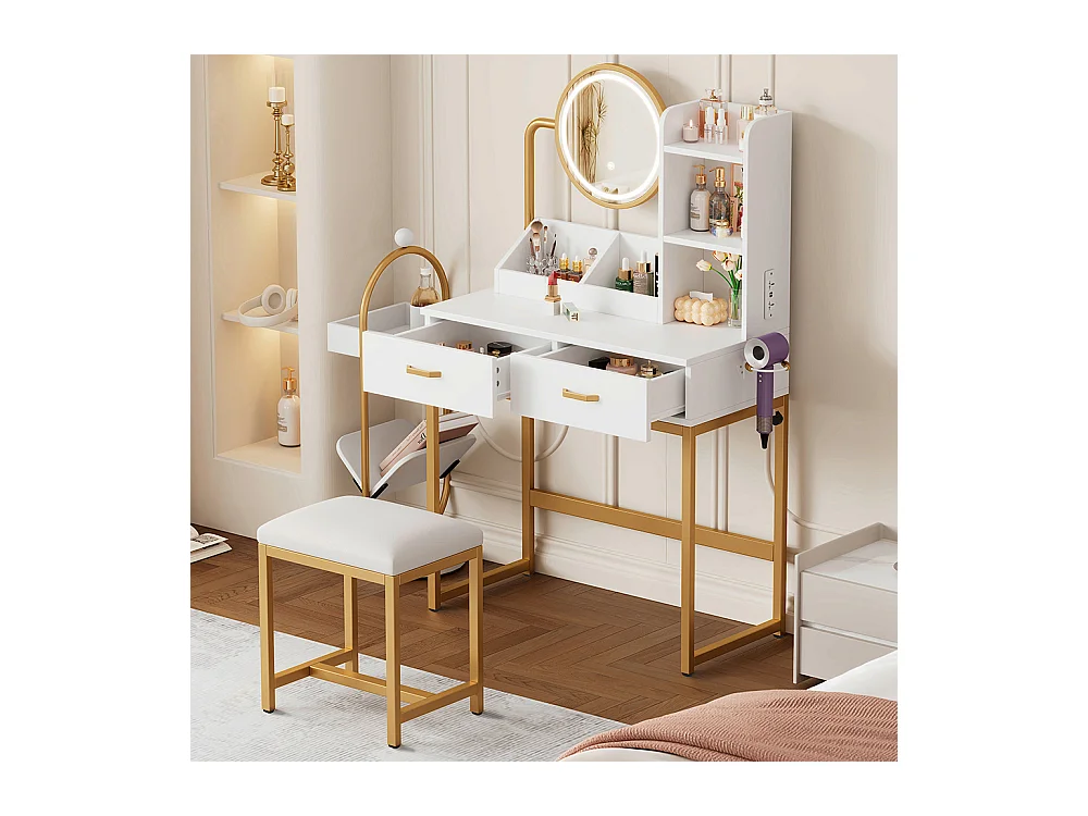 Coiffeuse blanc éclairage LED miroir pivotant prises électriques 2 tiroirs 2 étagères ouvertes pieds métal doré