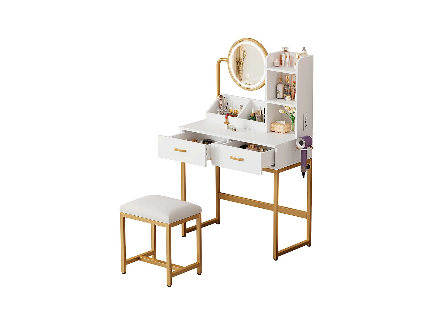 Coiffeuse blanc éclairage LED miroir pivotant prises électriques 2 tiroirs 2 étagères ouvertes pieds métal doré