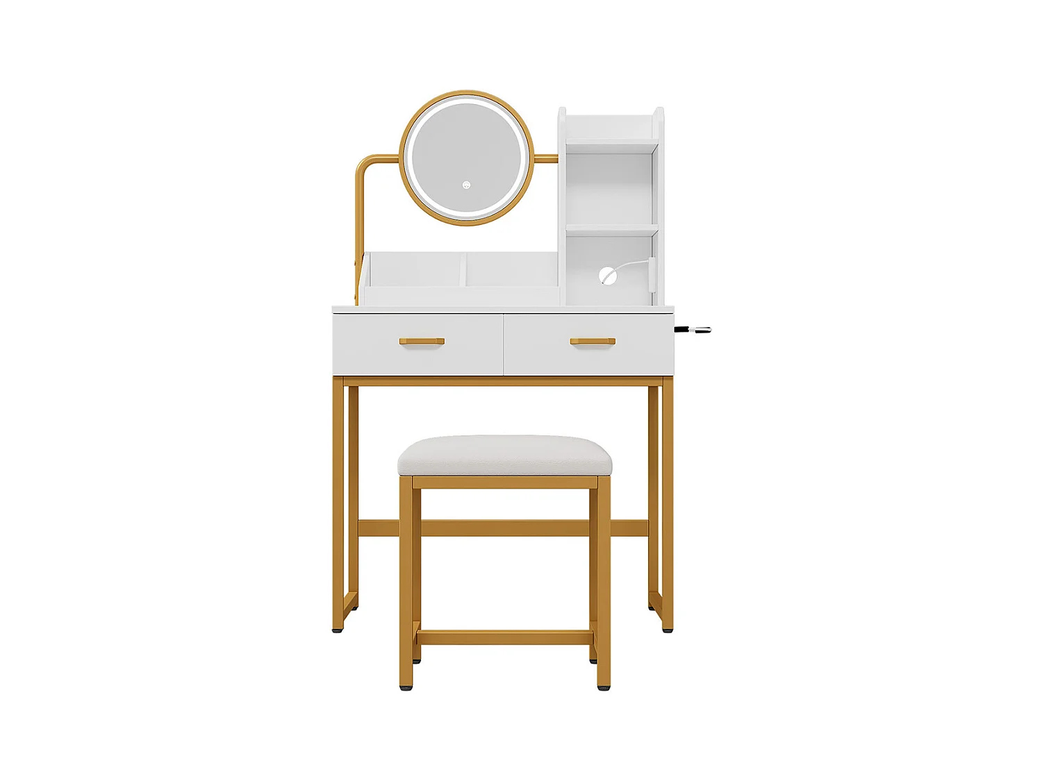 Coiffeuse blanc éclairage LED miroir pivotant prises électriques 2 tiroirs 2 étagères ouvertes pieds métal doré