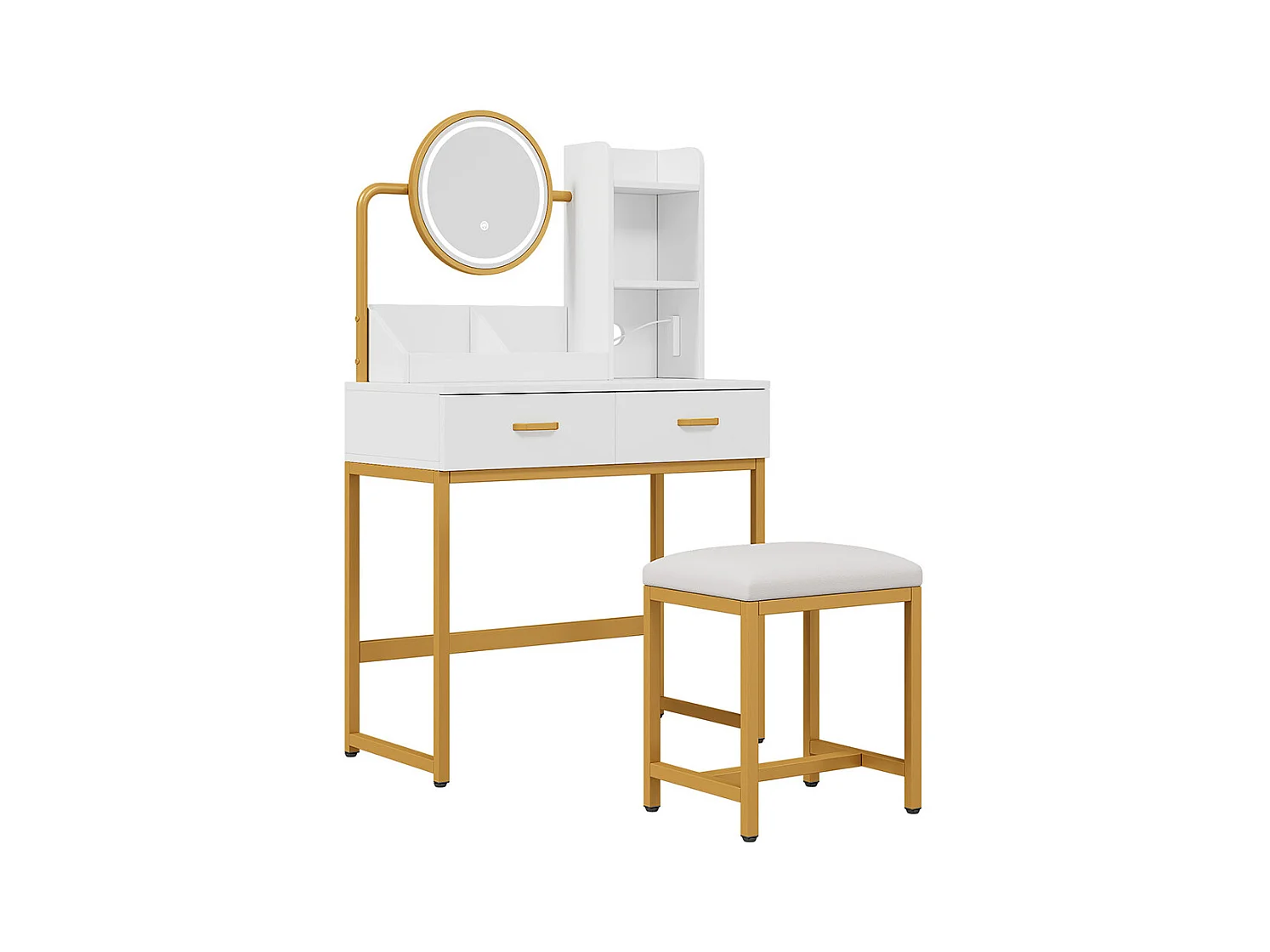 Coiffeuse blanc éclairage LED miroir pivotant prises électriques 2 tiroirs 2 étagères ouvertes pieds métal doré