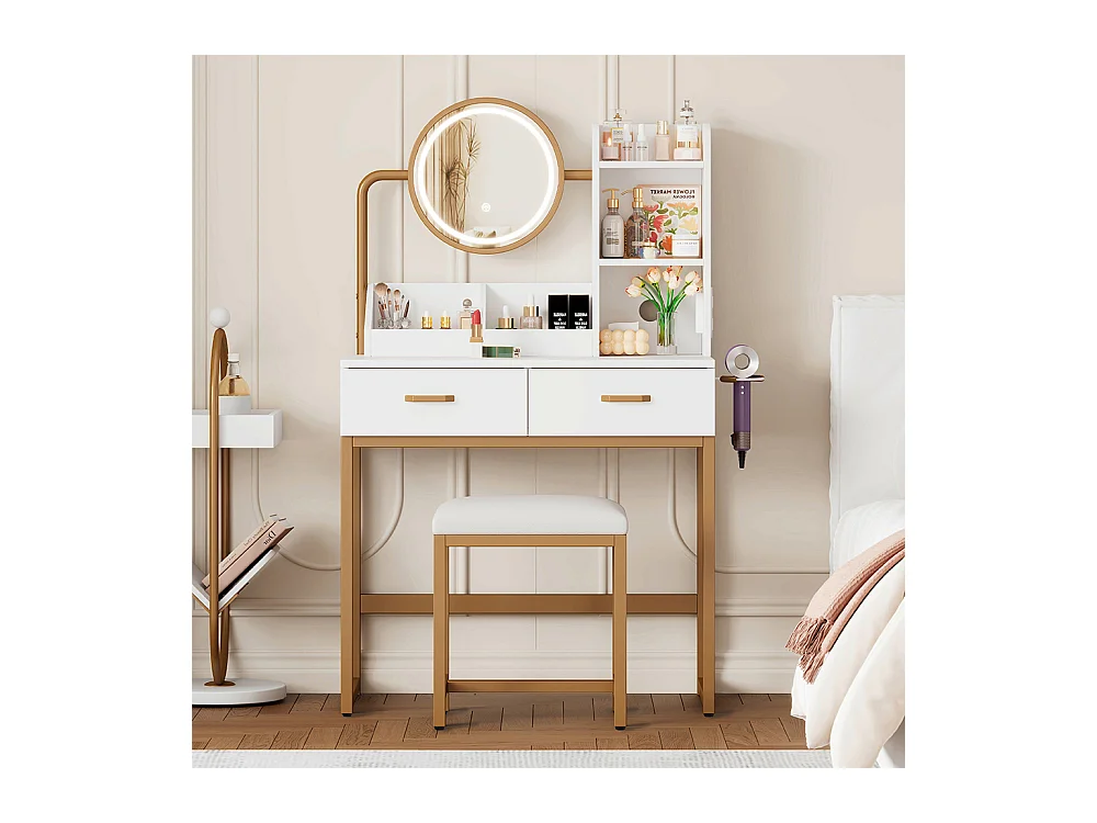 Coiffeuse blanc éclairage LED miroir pivotant prises électriques 2 tiroirs 2 étagères ouvertes pieds métal doré