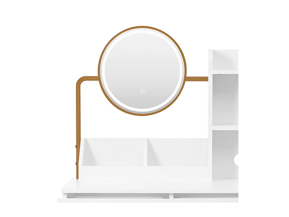 Coiffeuse blanc éclairage LED miroir pivotant prises électriques 2 tiroirs 2 étagères ouvertes pieds métal doré