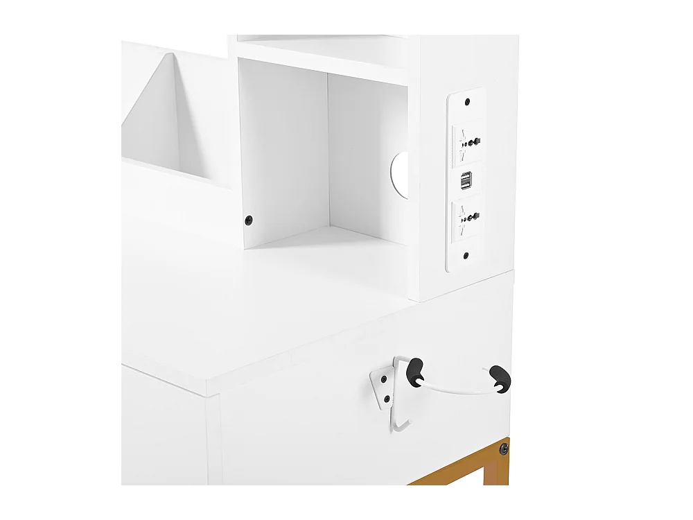 Coiffeuse blanc éclairage LED miroir pivotant prises électriques 2 tiroirs 2 étagères ouvertes pieds métal doré