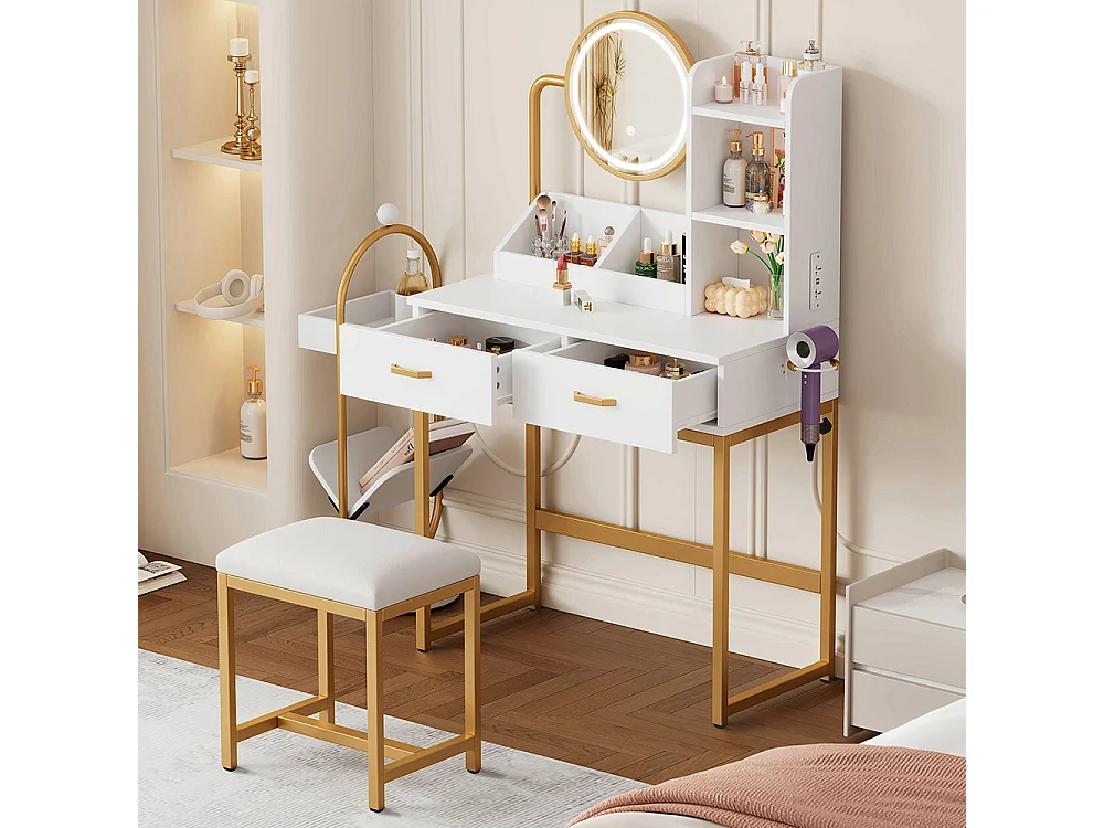 Coiffeuse blanc éclairage LED miroir pivotant prises électriques 2 tiroirs 2 étagères ouvertes pieds métal doré