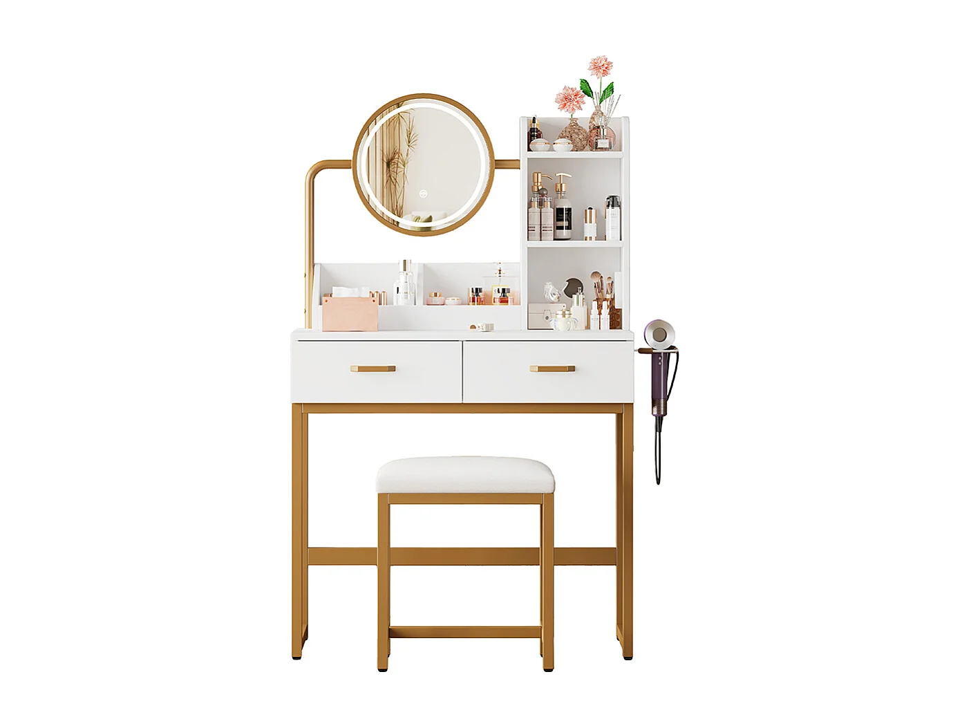Coiffeuse blanc éclairage LED miroir pivotant prises électriques 2 tiroirs 2 étagères ouvertes pieds métal doré