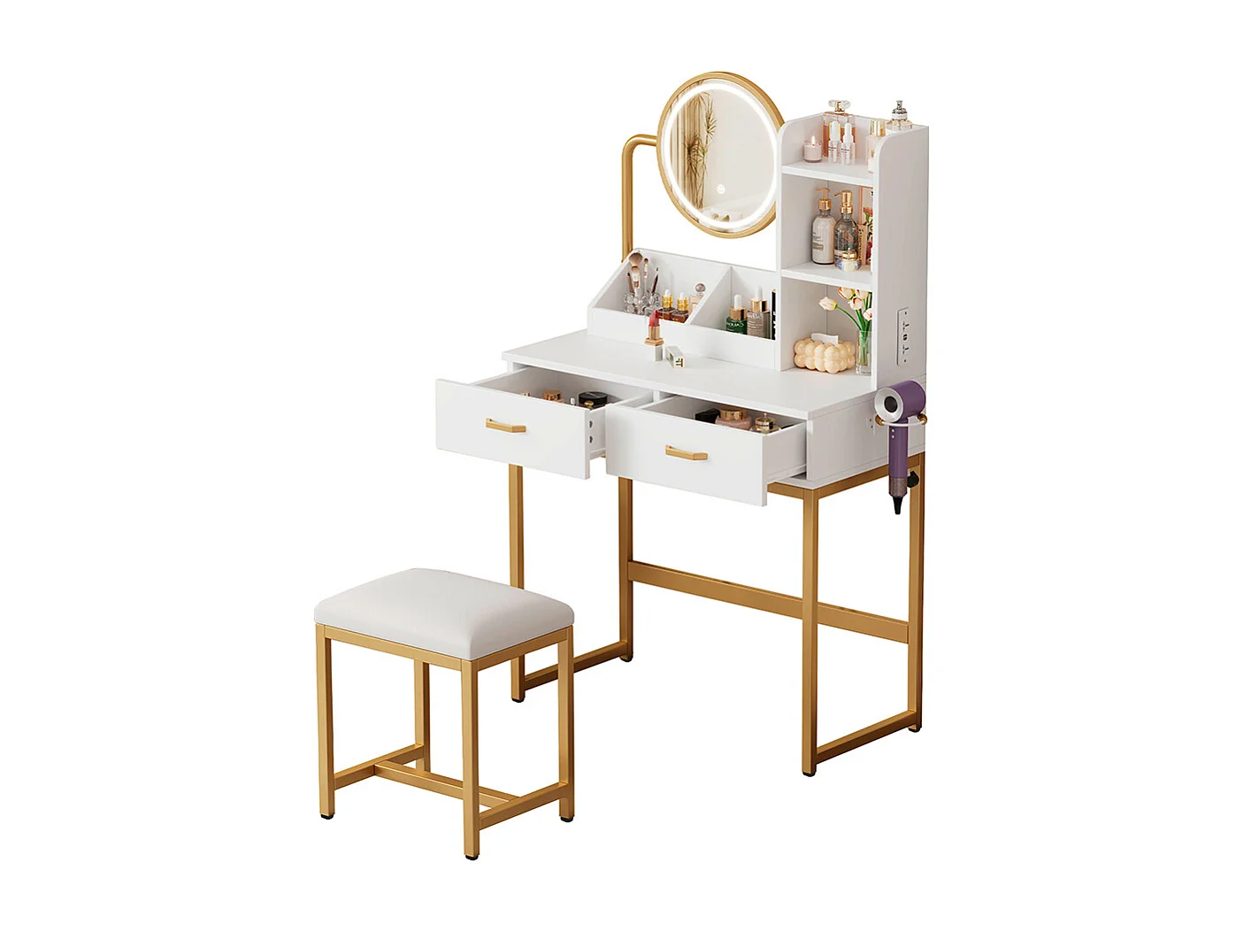 Coiffeuse blanc éclairage LED miroir pivotant prises électriques 2 tiroirs 2 étagères ouvertes pieds métal doré