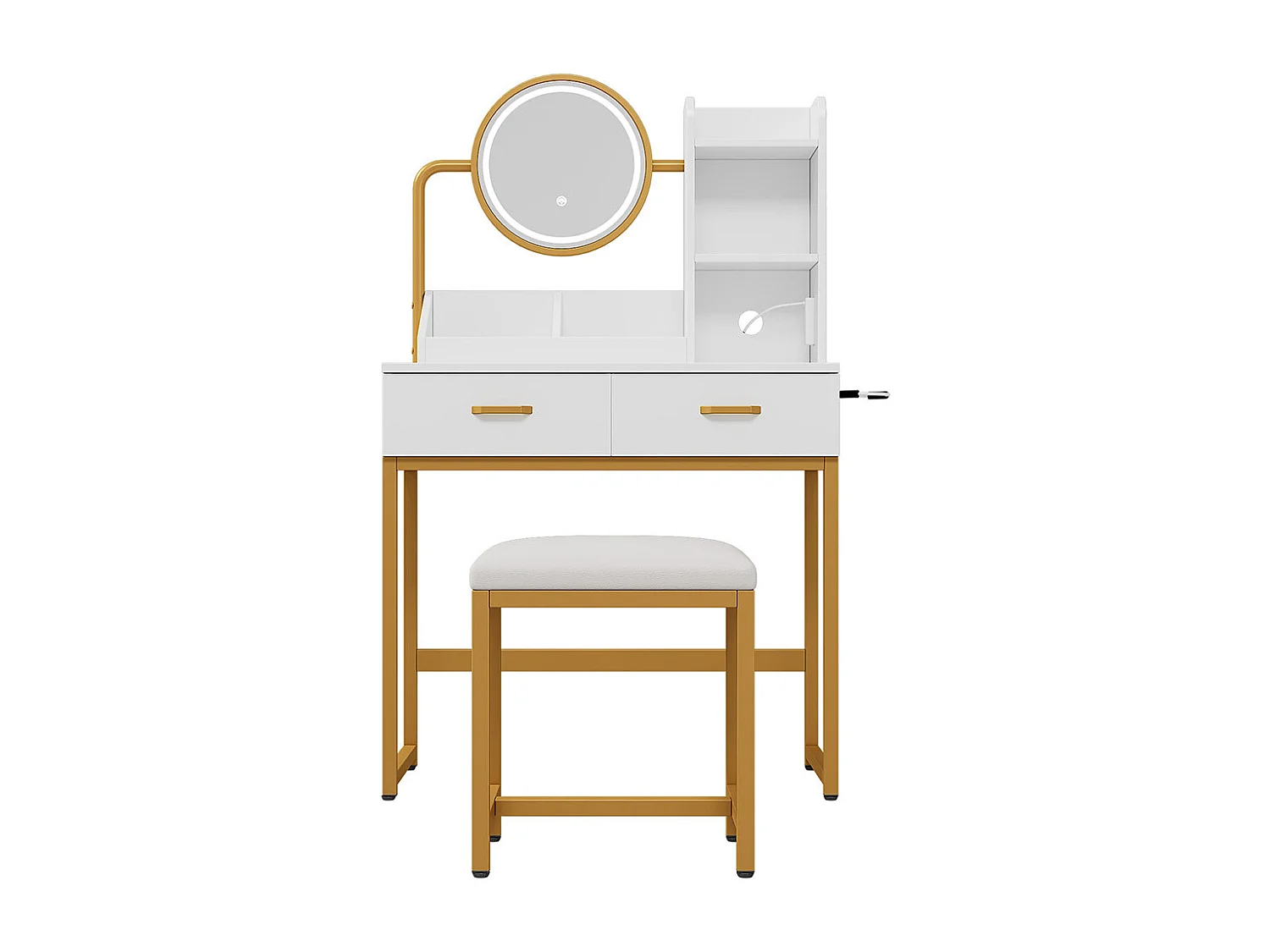 Coiffeuse blanc éclairage LED miroir pivotant prises électriques 2 tiroirs 2 étagères ouvertes pieds métal doré