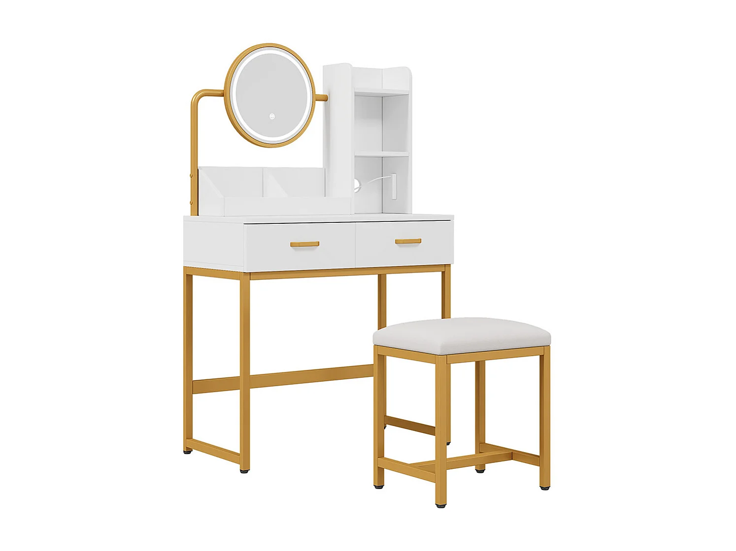 Coiffeuse blanc éclairage LED miroir pivotant prises électriques 2 tiroirs 2 étagères ouvertes pieds métal doré