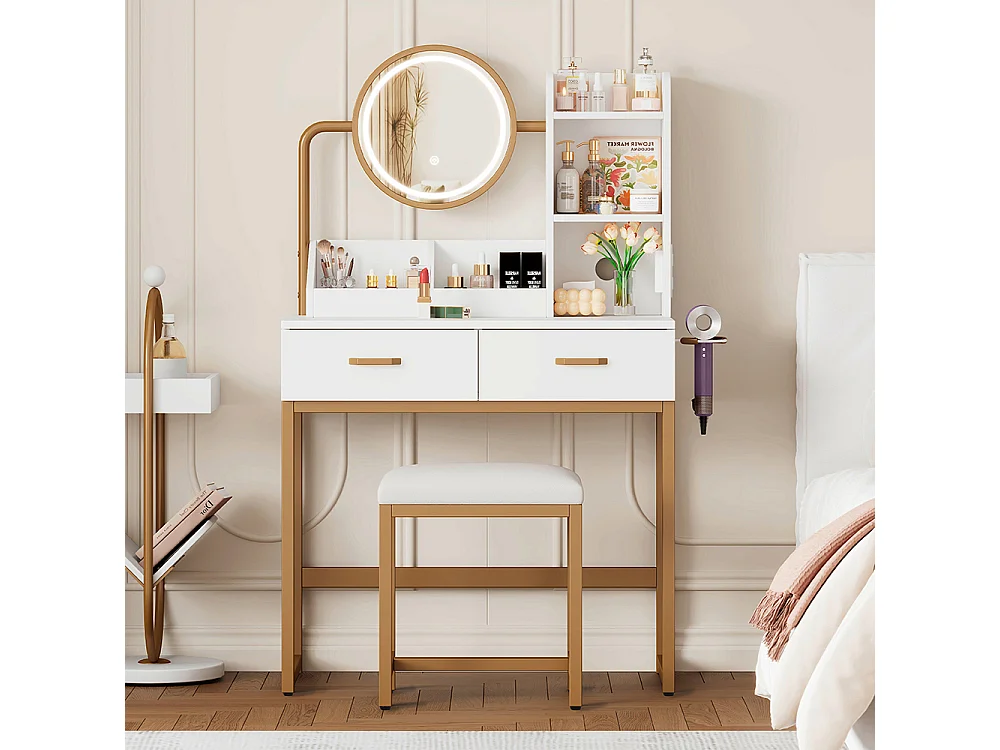 Coiffeuse blanc éclairage LED miroir pivotant prises électriques 2 tiroirs 2 étagères ouvertes pieds métal doré