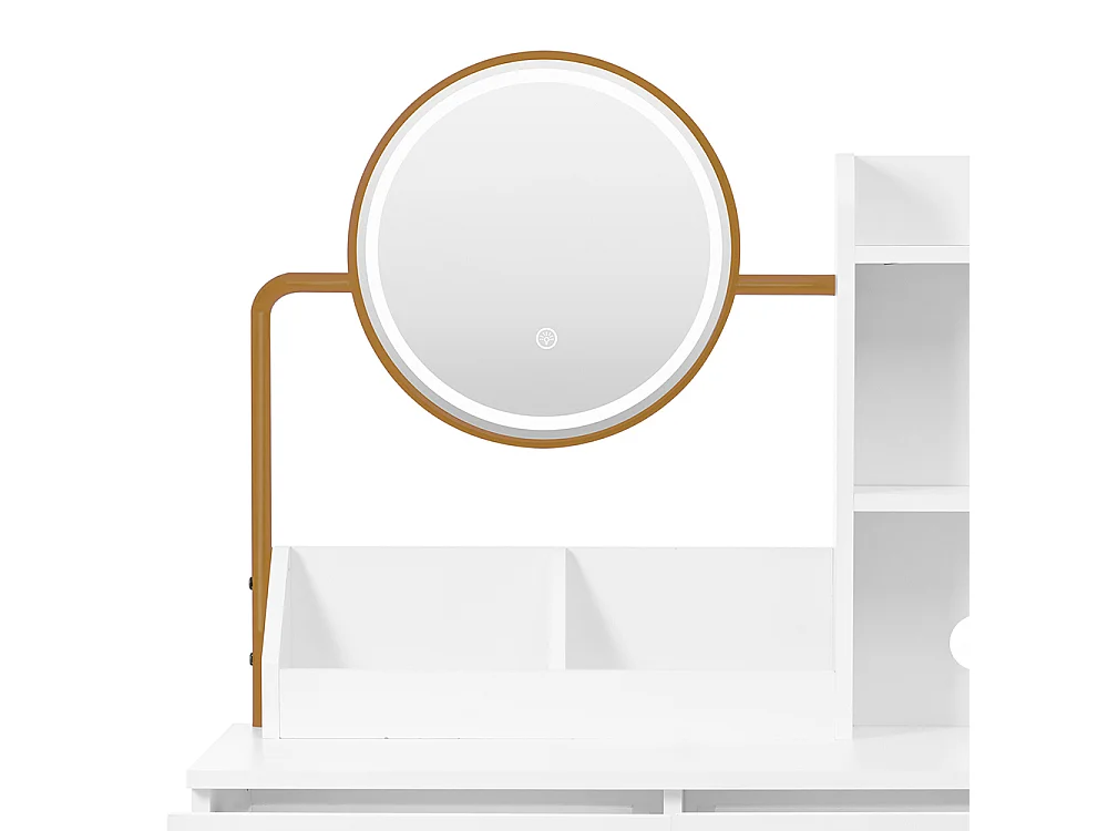 Coiffeuse blanc éclairage LED miroir pivotant prises électriques 2 tiroirs 2 étagères ouvertes pieds métal doré