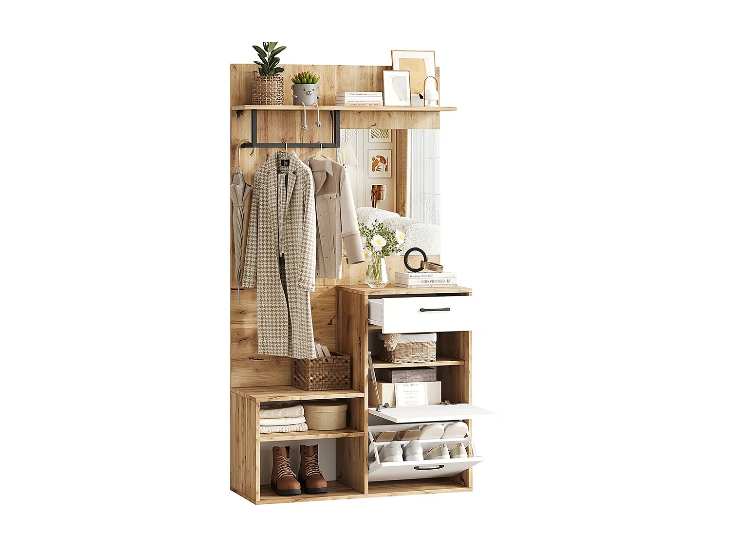 Garderobekast 100x38x190 cm wit spiegel bank schoenenlade opbergkasten