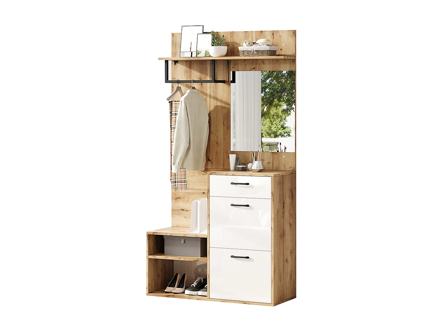 Garderobekast 100x38x190 cm wit spiegel bank schoenenlade opbergkasten