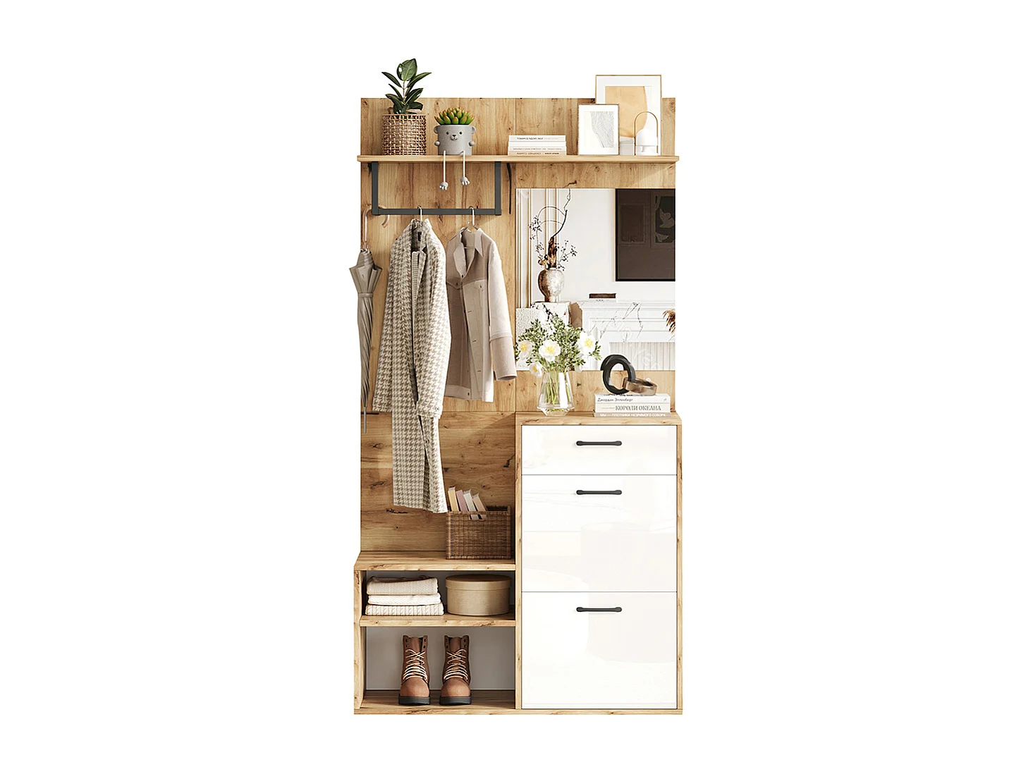 Garderobekast 100x38x190 cm wit spiegel bank schoenenlade opbergkasten