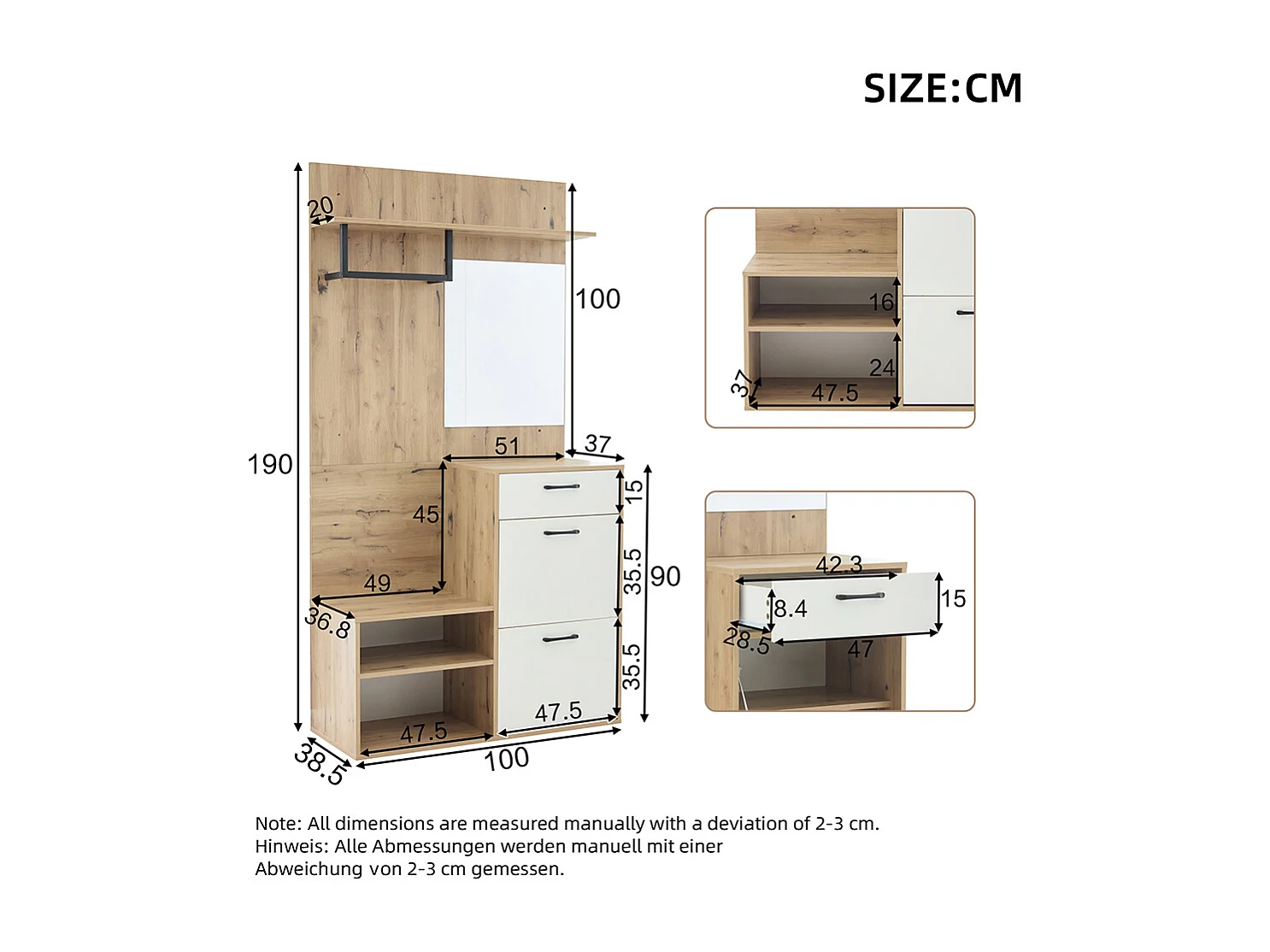 Garderobekast 100x38x190 cm wit spiegel bank schoenenlade opbergkasten