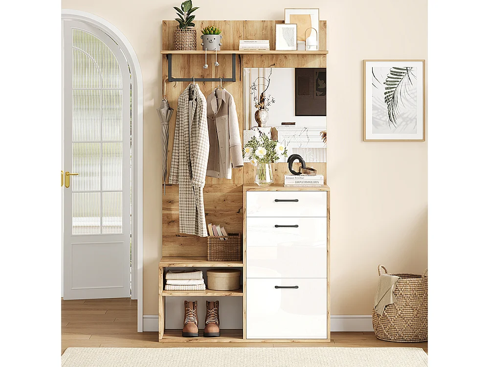 Garderobekast 100x38x190 cm wit spiegel bank schoenenlade opbergkasten