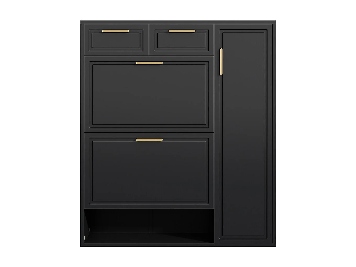 Meuble à chaussures noir tiroirs portes moderne étagères réglables poignées dorées rabattable