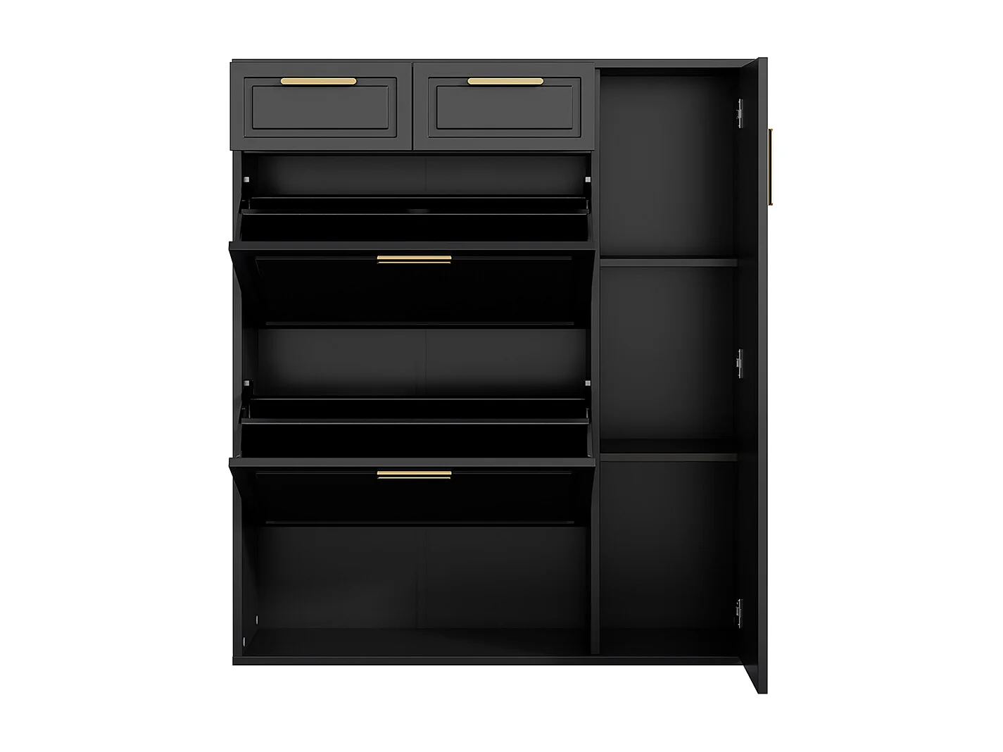 Meuble à chaussures noir tiroirs portes moderne étagères réglables poignées dorées rabattable