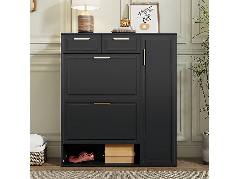 Meuble à chaussures noir tiroirs portes moderne étagères réglables poignées dorées rabattable