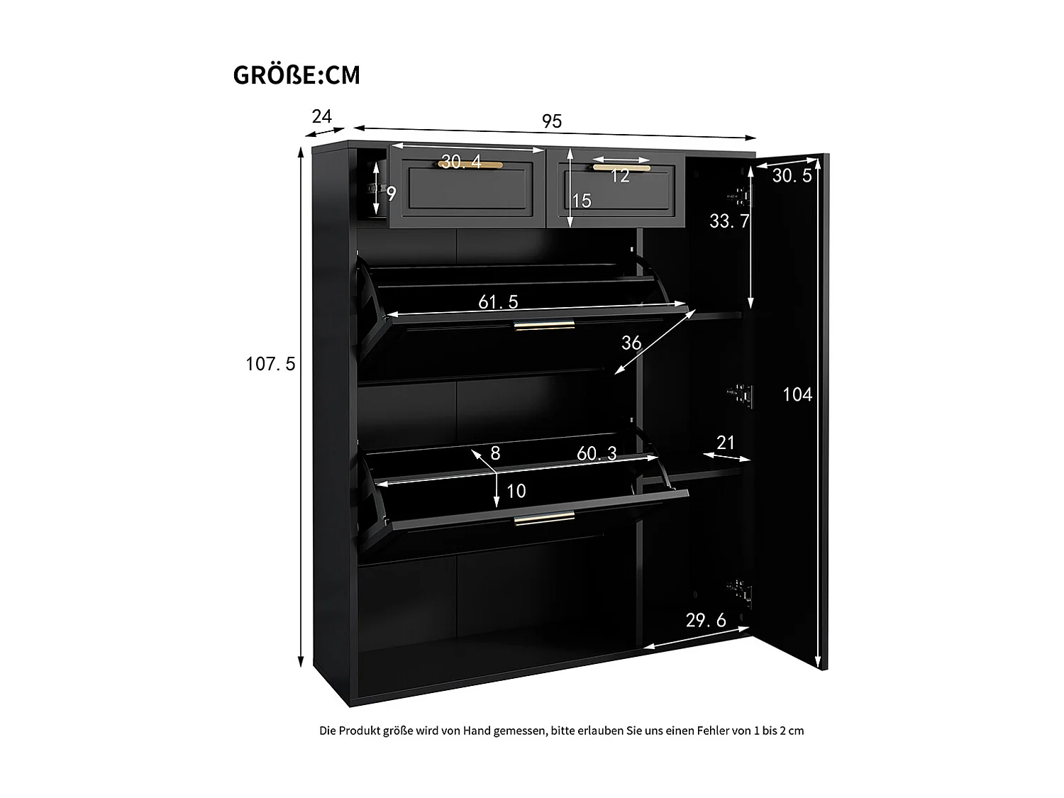 Meuble à chaussures noir tiroirs portes moderne étagères réglables poignées dorées rabattable