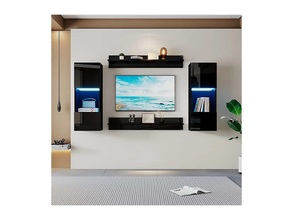 Étagère murale 4 pièces noir LED portes verre trempé application éclairage intelligent