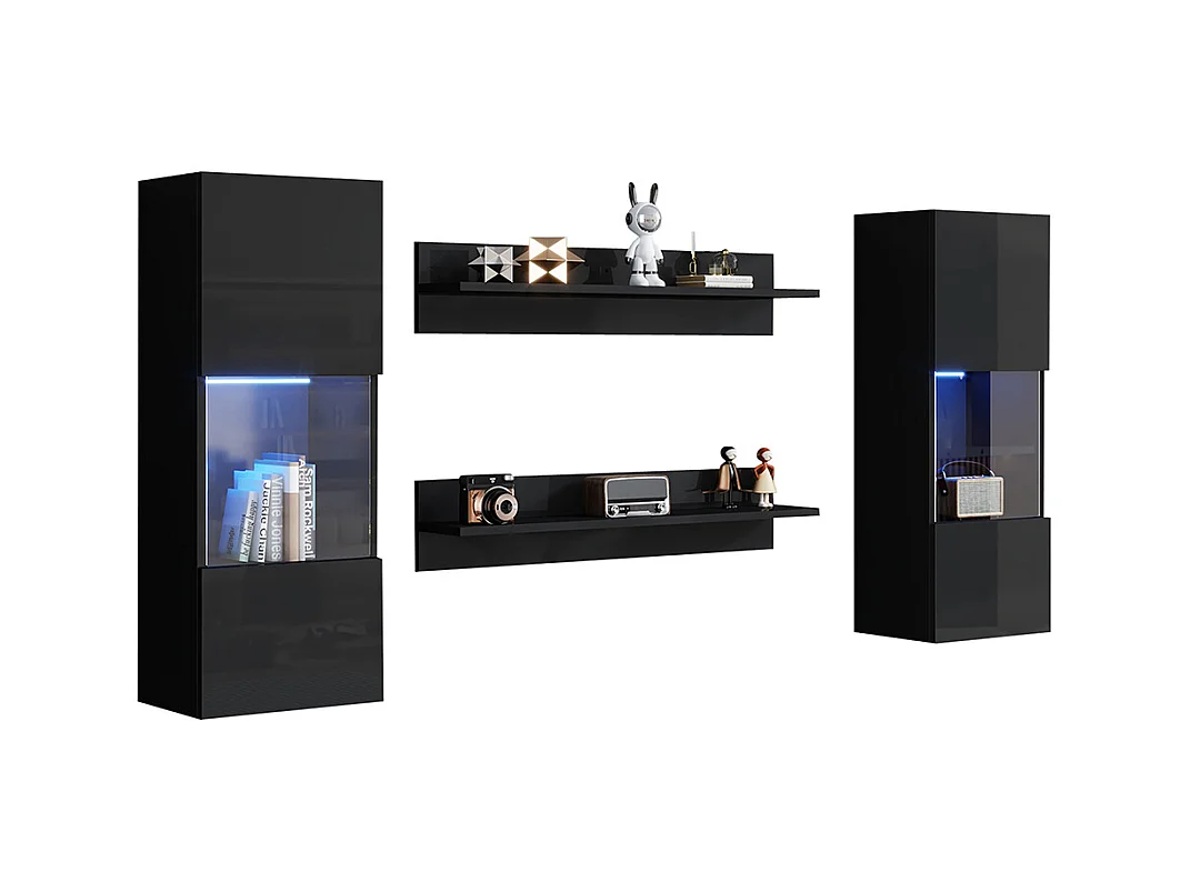 Étagère murale 4 pièces noir LED portes verre trempé application éclairage intelligent